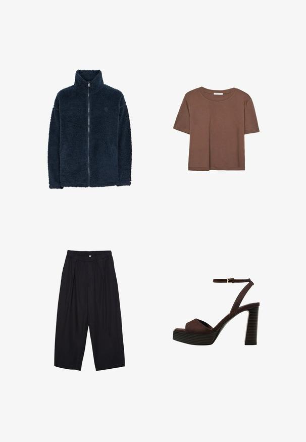 Granatowa polarowa kurtka z wysokim kołnierzem, długimi rękawami i pełnym zamkiem z przodu; miękka tekstura i subtelne logo na piersi.; Brązowa koszulka z krótkim rękawem, wykonana z miękkiego materiału, z okrągłym dekoltem i luźnym krojem. Brak widocznych wzorów lub akcentów.; Czarne spodnie culotte z poliestru z elastycznym pasem, dwoma fałdami z przodu i luźnym krojem. Brak widocznych wzorów lub elementów metalowych.; Brązowe zamszowe sandały na wysokim obcasie z odkrytymi palcami, regulowanym paskiem na kostce i paskowatą podeszwą.