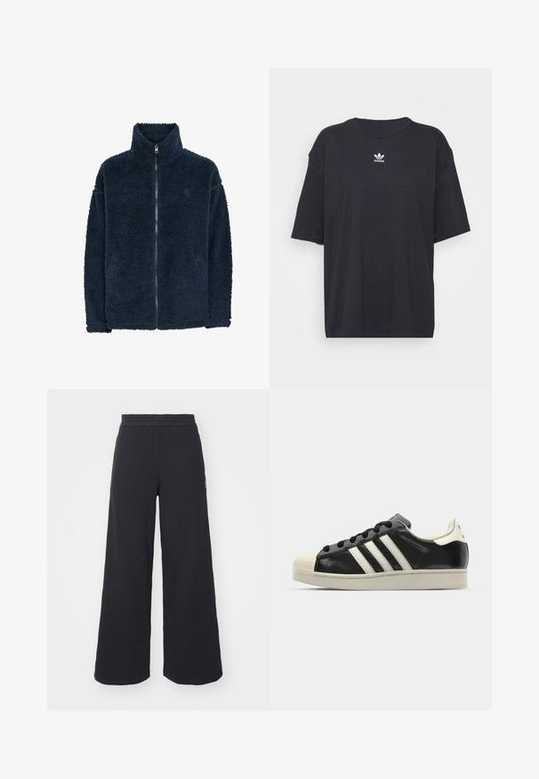 Tume sinine fliiskleebiga jakk, kõrge kraega, pika varrukaga ja täispikendiga; pehme tekstuur ja diskreetne logo rinna peal.; Must must t-särk lühikeste varrukatega, ümmargune kaelus, rinnal valge Adidas logo. Lihtne disain, mugav lõige.; Mustad laiad spordipüksid, mis on valmistatud pehmest kangast, elastse vöökohtaga ja väikese logoga vasakul küljel.; Must have nahkased mustad tossud valgete triipudega, kummist varbakattega, mustade paeltega ja kreemika värvusega tallaga. Sile tekstuur ja läikiv viimistlus.