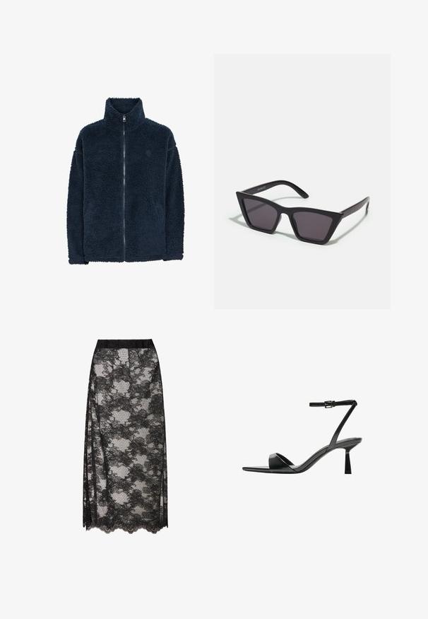 Marineblauwe fleecejas met een hoge kraag, lange mouwen en een volledige rits aan de voorkant; zacht van textuur en subtiel logo op de borst.; Zwart geribbelde coltrui, korte mouwen, slank ontwerp, zachte textuur, minimale naden en een hoge kraag.; Zwarte kanten rok met een golfrand, voorzien van een bloempatroon en een doorschijnende textuur. Elastische tailleband voor comfortabel draagcomfort.; Bershka Sandalen met hoge hak - black; Zwarte, hoekige zonnebril met grijze lenzen; gemaakt van plastic, met dikke armen met een gladde oppervlakte en zonder zichtbare hardware.; Zwarte leren handtas met een ronde, contoure vorm, voorzien van een slotsluiting in goudkleur en een enkele verstelbare schouderband. Gladde textuur.