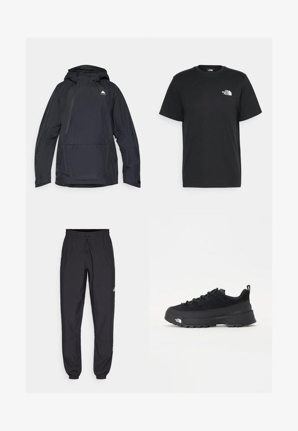 Black waterproof jacket with a hood, half-zip front, and a front pocket. Features a logo on the chest and adjustable cuffs. Smooth texture.; Black cotton t-shirt with short sleeves, crew neck, and a small white logo on the left chest. Simple design, smooth texture, and relaxed fit.; Black athletic pants made from lightweight fabric, featuring a drawstring waistband, side pockets, and tapered cuffs at the ankles.; Black outdoor sneaker with a suede upper, textured rubber sole, and sturdy lacing system. Features a reinforced heel and brand logo on the side.