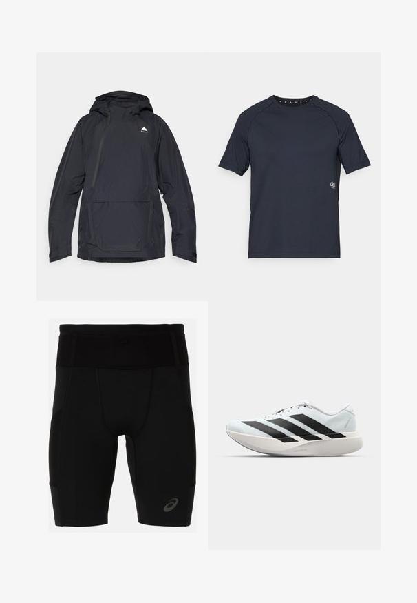 Chaqueta impermeable negra con capucha, media cremallera en la parte delantera y un bolsillo frontal. Presenta un logo en el pecho y puños ajustables. Textura suave.; Camiseta corta de manga corta en color azul marino oscuro, fabricada con tejido ligero, que presenta un cuello redondo con pequeños detalles de ojales en la parte posterior y un logotipo en el frente.; Pantalones cortos deportivos negros con un diseño ajustado, elaborados con un material suave. Presentan una cinturilla alta y un pequeño logotipo en la parte inferior de la pierna izquierda.; Zapatillas de running ligeras en azul pálido con rayas negras. Presentan una parte superior suave, puntera redonda y una gruesa mediasuela blanca etiquetada como "LIGHTSTRIKE PRO".