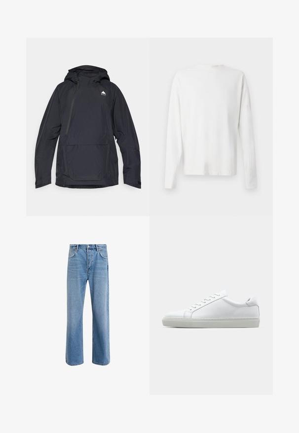 Czarna wodoodporna kurtka z kapturem, z przodem na pół zamek i z kieszenią z przodu. Posiada logo na klatce piersiowej oraz regulowane mankiety. Gładka tekstura.; Biała, bawełniana koszula z długim rękawem, okrągłym dekoltem, bocznymi rozcięciami na dole oraz gładką fakturą, wyeksponowana z tyłu.; Jasnoniebieskie dżinsy o prostym kroju, pięć kieszeni, zapięcie na guzik, minimalne blaknięcia i kontrastowe wykończenia szwów.; Białe sneakersy z gładką skórzaną cholewką i niskim profilem. Posiadają okrągły nos, sześć dziurek na sznurówki oraz teksturowaną gumową podeszwę.
