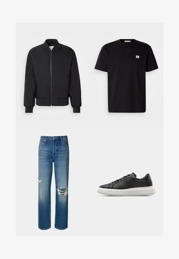 Black bomber jacket with a zippered front, ribbed collar and cuffs, and side pockets; made from smooth, lightweight fabric.; Black cotton t-shirt with short sleeves, crew neck, and a small embroidered logo on the left chest. Smooth texture, regular fit.; Light blue denim jeans with a high waist, straight leg, and distressed rips on both knees. Features classic five-pocket design and a button closure.; Black leather sneaker with a smooth finish, white rubber sole, rounded shape, six eyelets for laces, and subtle branding on the heel.
