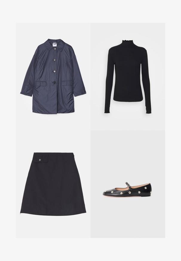 ASPESI CAPPOTTO TEENA - Winter coat - navy blue; Black long-sleeve turtleneck top made of smooth fabric, featuring a ruffled neck and fitted silhouette with simple edges.; Black cotton skirt with a straight silhouette, featuring a buttoned pocket, side zipper, and smooth fabric texture.; Black leather Mary Jane flat shoe with a rounded toe, featuring silver circular studs and an adjustable strap with a buckle.