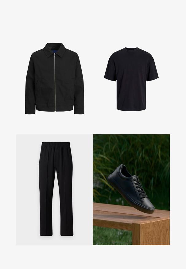 Zwarte jas van lichtgewicht stof, met een kraag, een ritssluiting aan de voorkant en twee zijzakken. Eenvoudig ontwerp met een rechte snit.; Zwarte katoenen t-shirt met een ronde halslijn, korte mouwen en een relaxte pasvorm. Glad textuur en geen zichtbare patronen of accenten.; Zwarte, elastische broek met rechte pijpen, met een gladde textuur en zonder zichtbare patronen of hardware.; Zwarte leren sneaker met een gladde textuur, ronde neus, en platte veters, geplaatst boven een houten oppervlakte met groene gras op de achtergrond.