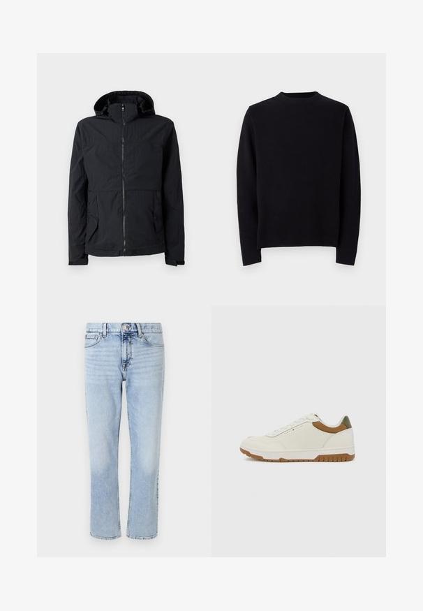 Μαύρο ελαφρύ μπουφάν με κουκούλα, κλείσιμο με φερμουάρ, δύο μπροστινές τσέπες και υφή υφάσματος. Διαθέτει ίσια γραμμή και μινιμαλιστικό σχέδιο.; Μαύρος πλεκτός σκούφος με μακριά μανίκια, στρογγυλή ραβδωτή λαιμόκοψη και ίσια γραμμή. Λείος υφή χωρίς ορατά σχέδια ή λεπτομέρειες.; Ανοιχτού μπλε τζιν παντελόνι με ίσια γραμμή, πέντε τσέπες, κλείσιμο με κουμπί και φερμουάρ, και απαλό ξεθώριασμα στο ύφασμα.; Tommy Hilfiger BASKET CORE - Αθλητικά παπούτσια - ecru/army green