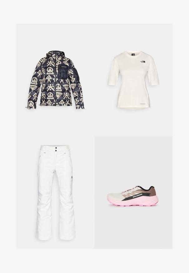 Pufasta jakna u tamnoplavoj boji s kremastim geometrijskim uzorcima. Ima ziperski džep, kapuljaču i elastične manžete za čvrsto prijanjanje.; The North Face SHADOW SHORT SLEEVE - Sportska majica - white dune; Bijele zimske hlače s ravnim krojem, dva prednja džepa i dva crna dugmeta. Teksturna tkanina s crnim brendiranjem.; Lagani trkaći tenisice u bijeloj, smeđoj i ružičastoj boji. Imaju prozračnu gornjište, teksturalne sivo naglaske i ružičasti gumeni potplat.