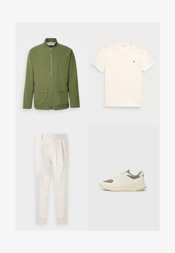 Casaco leve verde-oliva com fecho de correr, gola acanalada, dois bolsos frontais e uma marcação subtil no bolso esquerdo.; T-shirt de algodão creme com decote redondo e mangas curtas. Apresenta um pequeno logótipo azul bordado no lado esquerdo do peito.; Calças brancas pregueadas com um corte ajustado, apresentando uma textura suave, passantes de cinto e pernas afuniladas. Sem bolsos visíveis ou padrões.; Sapatilha atlética branca e bege claro, com parte superior em malha, detalhes perfurados e uma entressola texturizada com marcação no calcanhar.