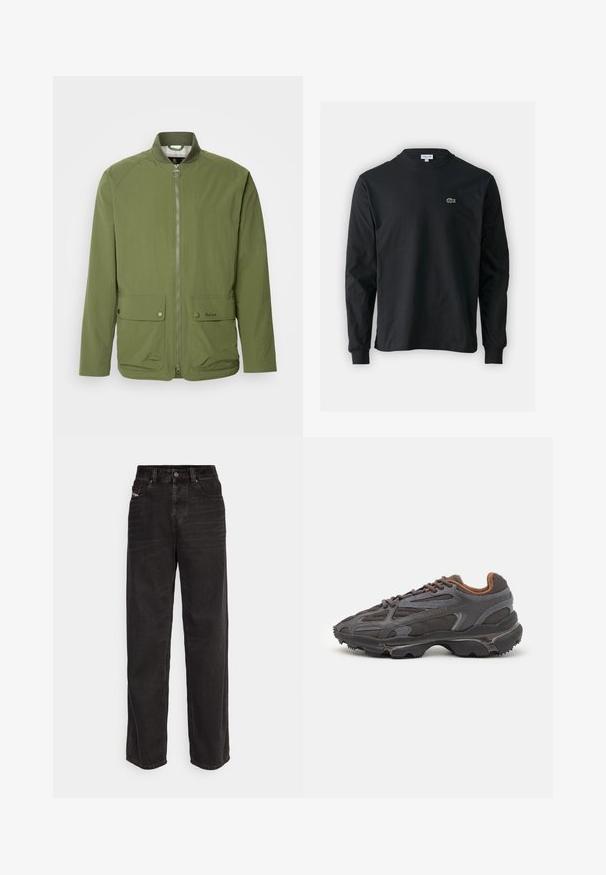 Olive green lightweight jacket with a zipper front, ribbed collar, two front pockets, and subtle branding on the left pocket.; Black long-sleeve t-shirt made of cotton, featuring a round neckline and a small green embroidered crocodile logo on the left chest.; Black denim wide-leg pants with a high waist, front button closure, two side pockets, and subtle stitching details.; Lacoste sneakers in dark gray with mesh and synthetic material, featuring a textured sole and brown accents on the collar and branding.