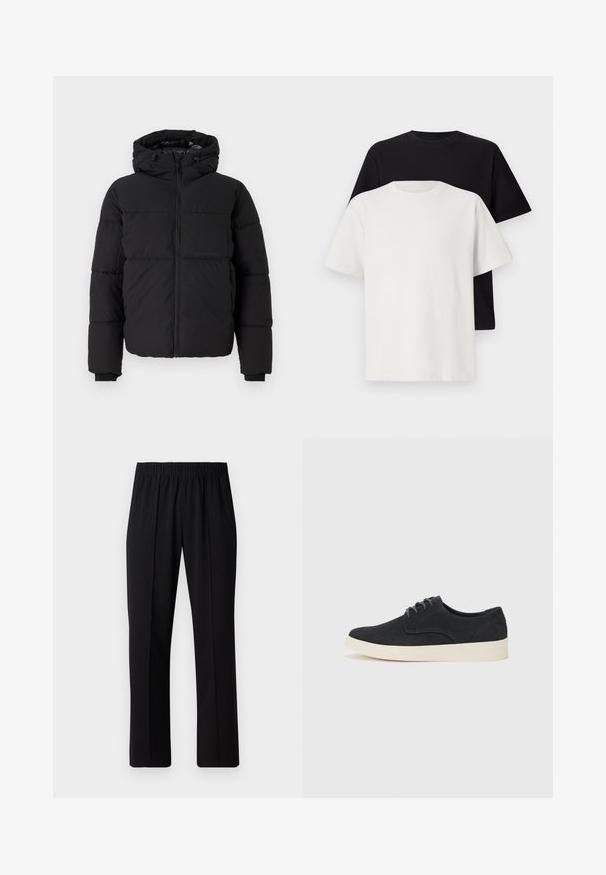 Mustan pehmustetun takin, jossa on huppu, edessä vetoketju ja joustavat hihansuut. Ominaisuuksiin kuuluu vaakasuora tikkausdesign ja yksi rintatasku.; Setti puuvillapaitoja, joissa on musta ja valkoinen paita, molemmat lyhythihaisilla, pyöreällä kaula-aukolla ja normaalilla istuvuudella. Teksturoitu kangas.; Mustat, joustavat vyötäröhousut suoralla lahkeella, joissa on sileä pinta ilman näkyviä kuvioita tai metalliosia.; Musta mokkaboot, jossa on pyöristetty kärki, kevyt vaaleancreme-väri pohja ja hienovaraiset siniset ompeleet päällisessä.