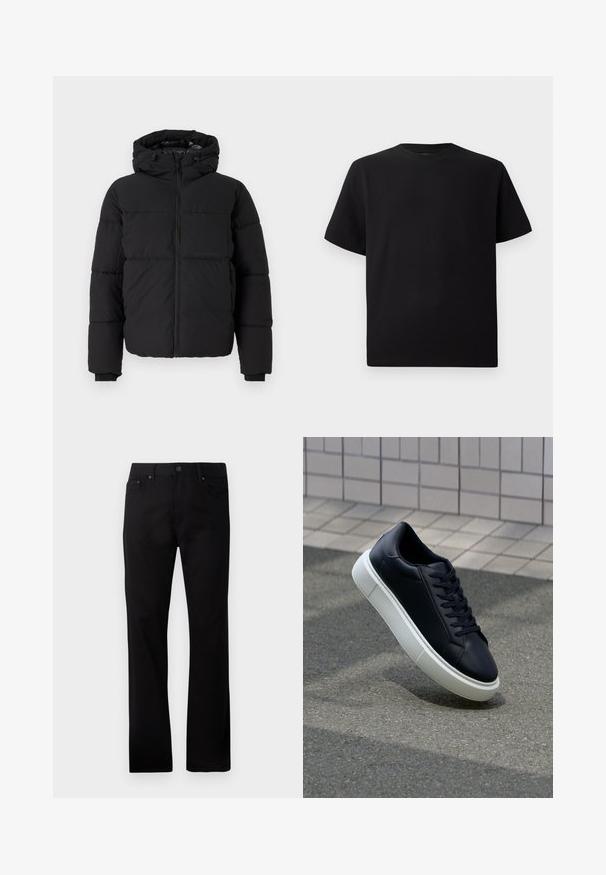 Veste noire rembourrée avec capuche, fermeture éclair avant et poignets élastiques. Présente un design matelassé horizontal et une poche poitrine.; T-shirt noir à manches courtes en tissu texturé, avec un col rond et une coupe décontractée. Simple, sans motifs ni accents.; Jean noir à jambe droite en denim, avec une fermeture à bouton à l'avant, deux poches latérales et une texture lisse.; Baskets noires en cuir avec bout arrondi et semelle en caoutchouc blanc. Elles présentent des lacets plats et une couture minimale sur la tige. Semelle texturée pour une bonne adhérence.