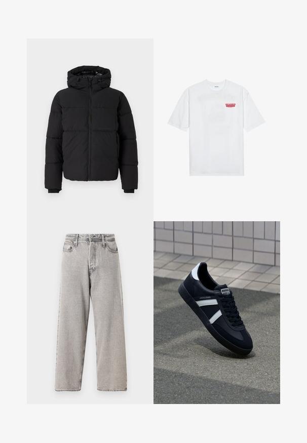 Zwarte gewatteerde jas met een capuchon, frontrits en elastische manchetten. Beschikt over een horizontaal gestikt ontwerp en een enkele borstzak.; Witte katoenen t-shirt met korte mouwen, ronde hals en een rode grafische tekst "LEKKER VERFRISSEND FRUIT" aan de voorkant.; Grijze denim jeans met een wijde pijp en een vervaagde wassing, vijf zakken, riemlussen en contrasterende stiksels. Soepele textuur en rechte snit.; Zwarte leren sneaker met witte strepen, een gestructureerde rubberen zool en vetersluiting aan de voorkant. Voorzien van een merklabel op de tong.