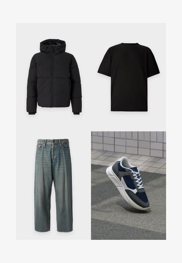 Schwarze gepolsterte Jacke mit Kapuze, Vorderreißverschluss und elastischen Bündchen. Verfügt über ein horizontales Steppmuster und eine einzelne Brusttasche.; Schwarzes kurzärmeliges T-Shirt aus geripptem Stoff. Mit rundem Halsausschnitt und lockerer Passform sowie glatter Textur. Nur Rückansicht.; Helle blaue Denim-Jeans mit lockerer Passform, mittelhoher Taille und geraden Beinen. Hat fünf Taschen, Gürtelschlaufen und einen Knopfverschluss.; Sneaker mit einem Obermaterial aus navyblauem Mesh, grauen Wildlederelementen, einer weißen Gummisohle und flachen weißen Schnürsenkeln, entworfen für Komfort und Atmungsaktivität.