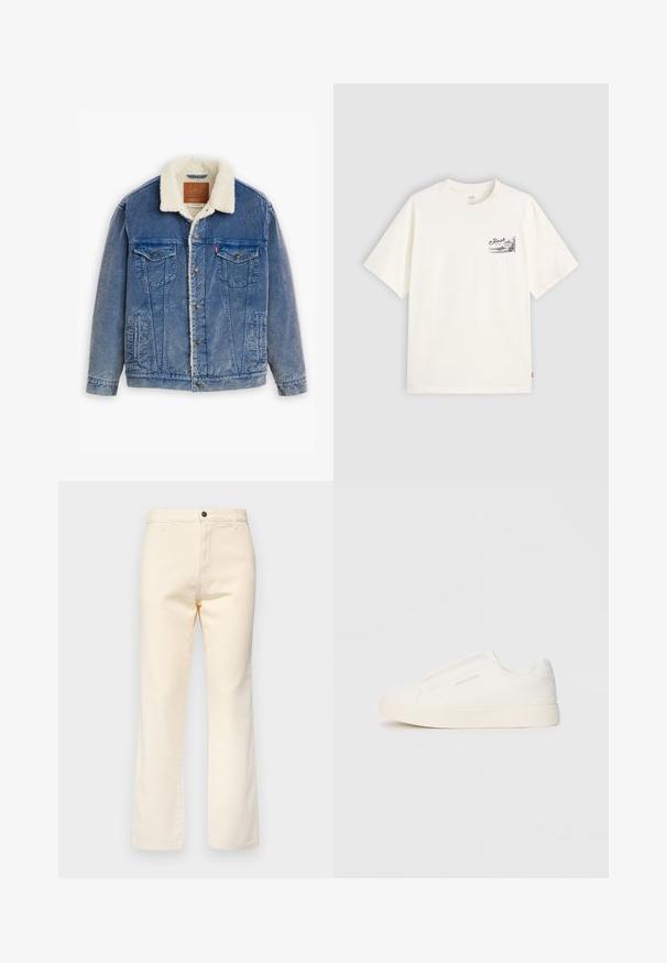 Denim jacket featuring a light blue color, shearling collar, two chest pockets, and button closure. Textured fabric with vertical seams.; White short-sleeve t-shirt made of cotton, featuring a black graphic design on the left chest area with the word "Fresh."; Cream-colored cotton jeans with a straight leg design, featuring a front button closure and standard five-pocket styling.; White slip-on sneakers with a textured surface, a thick sole, and minimalistic design. Features brand logo on the side.