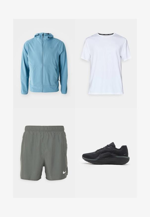 Jachetă Nike de culoare albastru deschis, cu fermoar complet, glugă ajustabilă, manșete elastice, două buzunare laterale, țesătură netedă cu detalii minime de branding.; Tricou alb cu mânecă scurtă, fabricat dintr-un material neted. Prezentă un mic logo bleu deschis pe piept și o etichetă neagră la gât cu "NIKE RUNNING."; Șorturi de înot Nike de culoare verde închis. Fabricate din material ușor, cu o talie elastică, având un logo alb în partea dreaptă jos.; Pantof lung sportiv negru cu un superior din plasă respirabilă, detalii texturate, talpă căptușită și accente reflectorizante. Viziunea laterală arată un design aerodinamic.