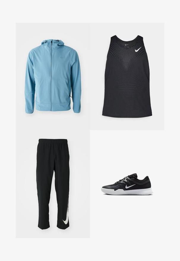 Casaco Nike azul claro, design de fecho total, capuz ajustável, punhos elásticos, dois bolsos laterais, tecido suave com detalhes de marcação mínimos.; Camisola de desporto preta sem mangas com uma textura perfurada e decote redondo. Apresenta um logótipo branco da Nike no peito.; Calças atléticas pretas com cintura elástica, design afunilado, apresentando um grande logótipo branco da Nike na perna esquerda. Tecido macio e leve.; Sapatilha atlética preta com um cabedal texturizado, swoosh branco da Nike e uma sola de borracha branca. Apresenta um design com atacadores e uma forma dinâmica.