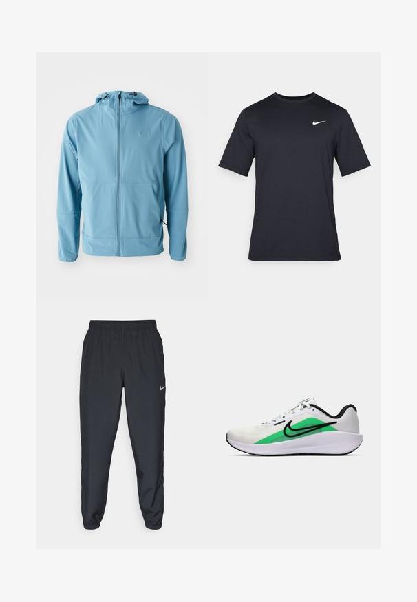 Šviesiai mėlyna Nike striukė, su pilnu užtrauktuku, reguliuojama gobtuvu, elastingais rankogaliais, dviem šoninėmis kišenėmis, lygiai audiniu ir minimaliu prekinio ženklo ženklinimu.; Juodas trumpomis rankovėmis Nike marškinėliai, pagaminti iš lygaus audinio, su baltu swoosh logotipu viršutinėje kairėje pusėje, apvaliu kaklu.; Juodos sportinės kelnės iš lengvos medžiagos su elastinga juosta, kulkšnies rankovėmis ir diskretišku Nike logotipu kairėje pusėje.; Balti sportiniai batai su žalia akcentu, juodu logotipu, tinklinė viršutinė dalis, paminkštintas padas ir suapvalintas kulnas. Yra raišteliai ir kontrastingos detalės.