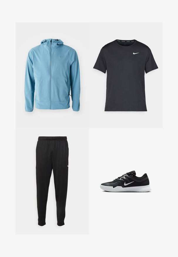 Light blue Nike jacket, full-zip design, adjustable hood, elastic cuffs, two side pockets, smooth fabric with minimal branding detail.; Black Nike running T-shirt made of lightweight, breathable material, featuring short sleeves and a small white logo on the chest.; Black athletic pants made of smooth fabric, featuring an elastic waistband, tapered legs, and a small white logo on the left side.; Black athletic shoe with a textured upper, white Nike swoosh, and a white rubber outsole. Features a lace-up design and dynamic shape.