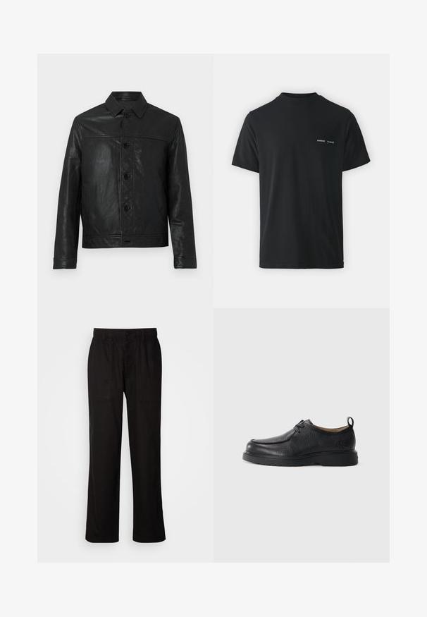 Jachetă din piele neagră cu închidere prin buton, guler ascuțit, două buzunare laterale și un design structurat. Textură netedă cu cusături vizibile.; Tricou din bumbac negru cu guler clasic, mâneci scurte și două mici logo-uri albe "SAMSØE" pe pieptul stâng.; Pantaloni negri cu o croială lejeră, realizați dintr-un material ușor. Dispun de un tiv elastico, închidere cu nasture și două buzunare frontale.; Pantof de piele neagră cu un finisaj neted, vârf rotunjit, cusături subtile, design cu șireturi și un tab de tragere texturat pe spate.