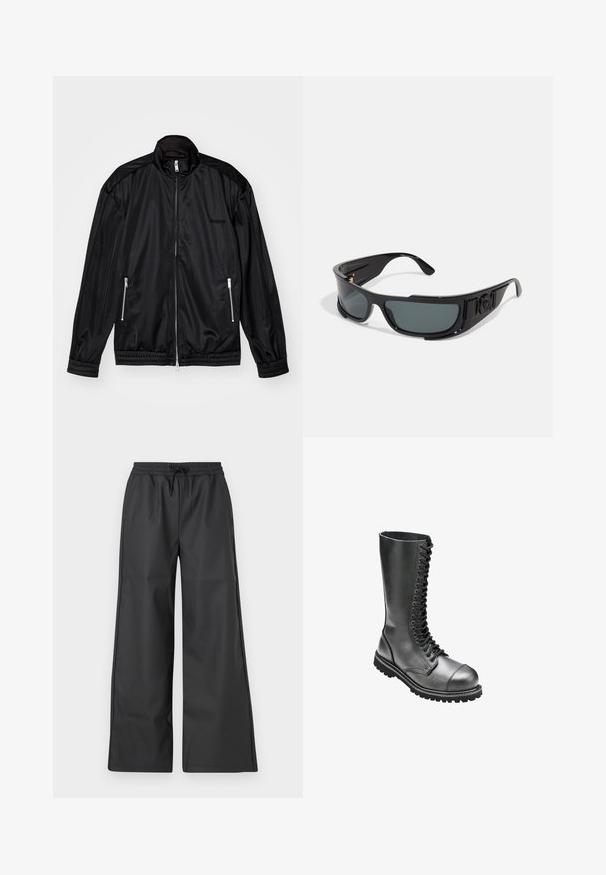 Black zip-front jacket in lightweight, glossy fabric. Features two zippered pockets, a stand-up collar, and elastic cuffs and hem.; Black long-sleeve shirt made of smooth fabric, features a button-up front, pointed collar, and a tailored fit with a curved hem.; Han Kjøbenhavn RELAXED TRACK TROUSERS - Trousers - black; Black leather lace-up combat boots with a high shaft, round toe, padded collar, and textured rubber sole for enhanced grip.; Sunglasses with black plastic frame, gray lenses, wraparound design, side accents, and a logo detail on the temple.