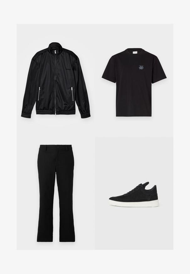 Black zip-front jacket in lightweight, glossy fabric. Features two zippered pockets, a stand-up collar, and elastic cuffs and hem.; Black cotton t-shirt with a crew neck and short sleeves. Features a small blue logo on the left chest. Simple, straight-cut design.; Black flared trousers made of cotton blend fabric, featuring a button closure, belt loops, and a smooth texture with no visible patterns.; Black suede sneaker with a white rubber sole, featuring tonal stitching and lace-up design. Smooth texture with a modern, streamlined shape.