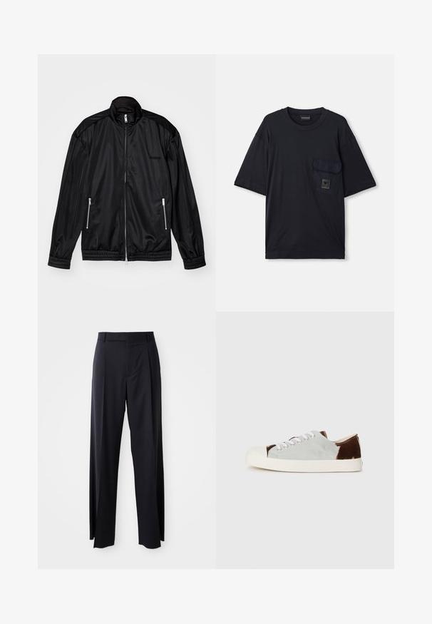 Casaco preto com fecho à frente em tecido leve e brilhante. Apresenta dois bolsos com fecho, gola alta e punhos e bainha elásticos.; T-shirt preto de manga curta com decote redondo e um bolso com aba no lado esquerdo do peito, apresentando um pequeno patch retangular de logotipo.; Calças pretas de cintura alta, com corte amplo, feitas de um tecido suave. Apresentam pregas frontais e passadores para cinto. Design minimalista, sem hardware visível.; Sapatilhas de cano baixo com parte superior em tela cinza e detalhes em camurça castanho, atacadores brancos e biqueira de borracha creme. Sola plana para uso casual.