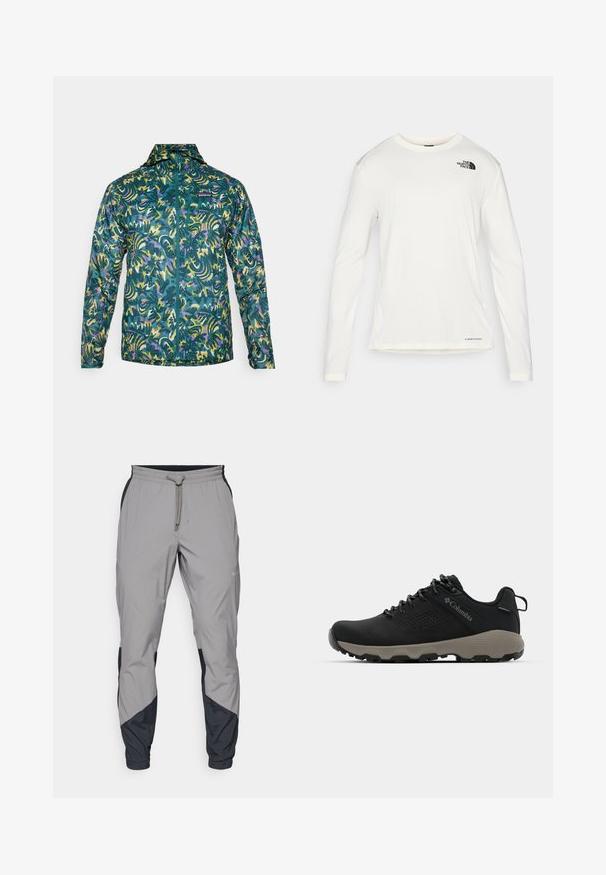 Lahka jakna z zadrgo spredaj v teal barvi z drzno abstraktno obliko, ki vsebuje vijolične in rumene poudarke. Namenjena je za zunanje dejavnosti.; Bela srajca z dolgimi rokavi in okroglim ovratnikom, strukturirana tkanina, črn logo na levem ramenu in diskretno znamčenje na dnu.; Lahki, sivi atletski hlače z črnimi dodatki. Elastika v pasu, zategovalna vrvica, oblikovana noga in stranske žepe.; Črne pohodniške čevlje z gladkim zgornjim delom, perforiranim dizajnom, sivo podplatom in ojačanim petnim delom. Imajo vezalke in zanko za enostavno obuvanje.
