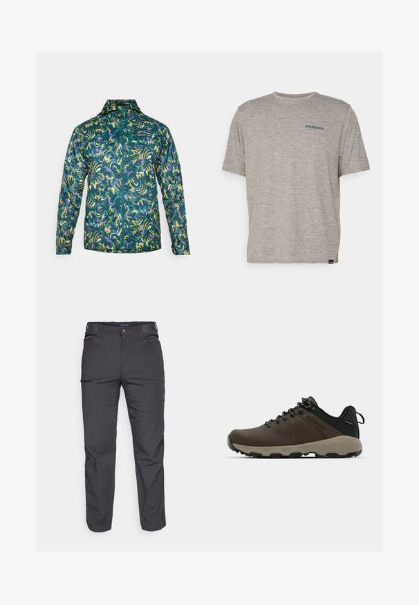 Lett, zip-stengt jakke i grønn-blå med et dristig, abstrakt mønster som har lilla og gule aksenter. Designet for utendørsbruk.; Grå kortermet t-skjorte laget av mykt, teksturert stoff med en liten blå Patagonia-logo på venstre bryst. Ingen ekstra mønstre.; Mørkegrå bukser laget av slitesterkt stoff, med glidelåslomme, rett snitt og beltestropper for justerbar passform.; Brune vanntette joggesko med teksturert overdel, perforerte detaljer, svart hæl støtte og en grå gummisåle. Snøring er stilisert med metalliske ender.