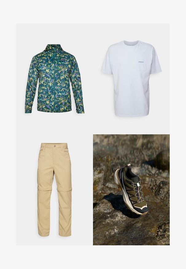 Lett, zip-stengt jakke i grønn-blå med et dristig, abstrakt mønster som har lilla og gule aksenter. Designet for utendørsbruk.; Hvit bomulls t-skjorte med korte ermer, rund hals og en lomme på venstre bryst med en blå "Patagonia" logo. Klassisk passform med jevn tekstur.; Beige avtakbare bukser med en glatt tekstur, som har to sidelommer, knappelukking og oppbrettede ermer for allsidighet.; Fjellsko i olivengrønn og svart med rosa detaljer. Har en teksturert overdel, fleksibel såle, forsterket tåhette og fargerik snøringssystem.