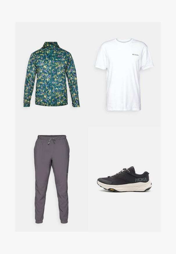 Lengvas, su užtrauktuku priekyje, melsvas švarkas su ryškiu abstrakčiu raštu, kuriame yra violetinės ir geltonos detalės. Sukurtas lauko dėvėjimui.; Balta medvilnės marškinėliai trumpomis rankovėmis, apvaliu kaklu ir mažuoju juodu Columbia logotipu kairėje krūtinės pusėje. Minkštas, paprastas dizainas.; Pilkos, lengvos, elastingos juosmens kelnės su reguliuojama raišteliu; siaurėjančios kojos; glotni tekstūra; šone yra logotipo detalė.; Juodos sportinės bateliai su tekstūruota viršutine dalimi, pilkų akcentų, atspindinčiomis detalėmis ir storu baltu padu su Vibram prekės ženklu.