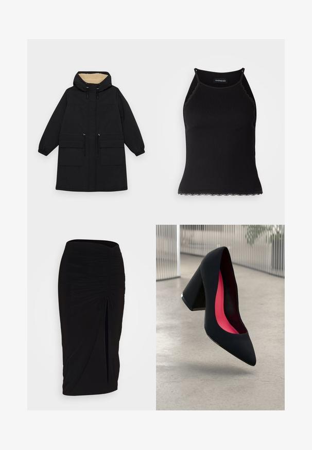 Zwarte gewatteerde jas met een warme beige voering, voorzien van twee grote voorzakken, een koord in de taille en elastische manchetten.; Zwarte geribbelde tanktop met een scallooped kanten rand aan de onderkant. Heeft dunne bandjes en een aansluitend ontwerp. Gemaakt van rekbare stof.; Zwarte, gerimpelde kokerrok met strikdetail en een zijsplit. Gemaakt van een rekbaar stof, met een soepele textuur en een aansluitend ontwerp.; Zwarte hoge hak met een spitse neus, textuur op het oppervlak en een opvallend roze interieur. Beschikt over een chunky hak met zilveren accent.