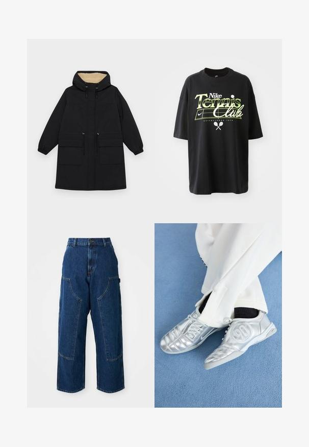 Zwarte gewatteerde jas met een warme beige voering, voorzien van twee grote voorzakken, een koord in de taille en elastische manchetten.; Zwarte katoenen t-shirt met korte mouwen, voorzien van groene en witte "Nike Tennis Club" graphic, illustraties van een tennisbal en racket.; Donkerdenim wijde jeans met hoge taille, voorzien van grote voorzakken en contrasterende stiksels. De stof heeft een lichte textuur.; Zilveren sportschoenen met een gladde, glanzende afwerking, voorzien van een gestikt ontwerp en het nummer 90 aan de zijkant, gecombineerd met witte broek.