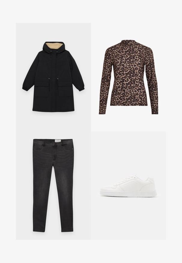 Black hooded coat with a warm beige lining, features two large front pockets, drawstring waist, and elasticized cuffs.; Leopard print long-sleeve top with a high neckline, made of stretchy fabric. Features a tan base with brown spots. Smooth texture, fitted design.; Black denim jeans with a slim fit, featuring a button closure, belt loops, and front pockets. Smooth texture with subtle fading.; White sneaker made of smooth synthetic material, featuring a rounded toe, lace-up design, flat sole, and subtle perforated detailing.