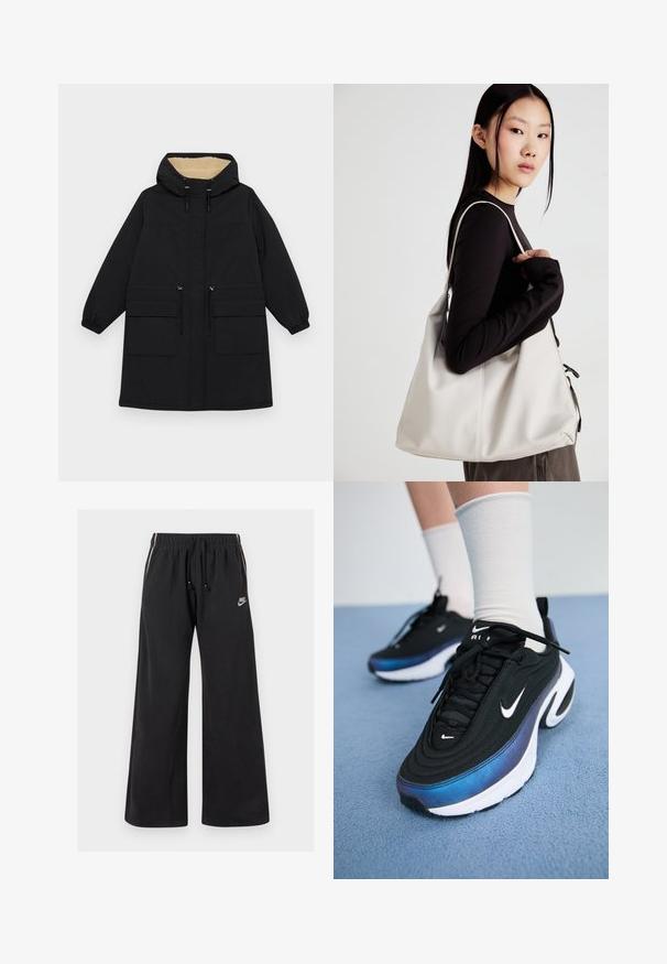 Zwarte gewatteerde jas met een warme beige voering, voorzien van twee grote voorzakken, een koord in de taille en elastische manchetten.; Set van twee lange mouwen, crop tops in zwart en wit. Gemaakt van zachte stof met een ronde halslijn en een aansluitende silhoeet.; Zwarte trainingsbroek van zacht materiaal, met een elastische tailleband met koord, zijstrepen en een klein logo aan de voorkant links.; Zwarte Nike sneakers met een glad bovenwerk van stof, voorzien van een verloop van blauw naar zwart, witte zool en opvallende logo-accenten.; Beige handtas gemaakt van zacht materiaal, met een slonzig ontwerp, gestikte details en twee schouderbanden. Geschikt voor dagelijks gebruik.
