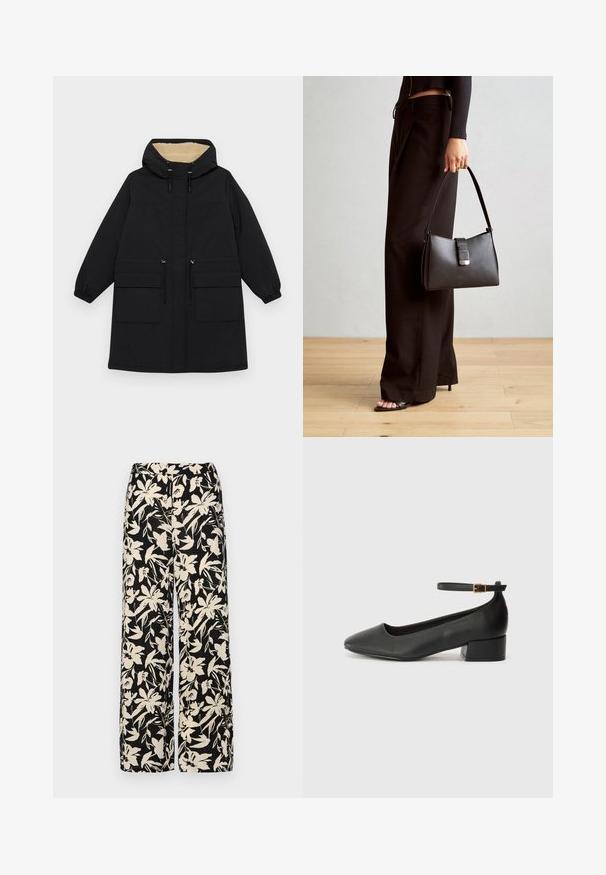 Manteau noir à capuche avec une doublure beige chaude, dotée de deux grandes poches avant, d'une taille à cordon de serrage et de poignets élastiques.; Haut noir à manches courtes fabriqué en matériau lisse, avec un design peplum et une taille ceinturée ornée de deux boutons ronds en métal argenté.; Pantalon large noir avec un motif floral crème. Fabriqué en tissu léger, il présente une texture lisse et une taille haute.; Escarpin en cuir noir avec un bout pointu et un petit talon bloc. Doté d'une bride de cheville avec une boucle dorée. Texture lisse.; Sac à main noir à la forme structurée, texture lisse et fermoir métallique. Associé à un pantalon noir ample et des sandales ouvertes sur un sol en bois.