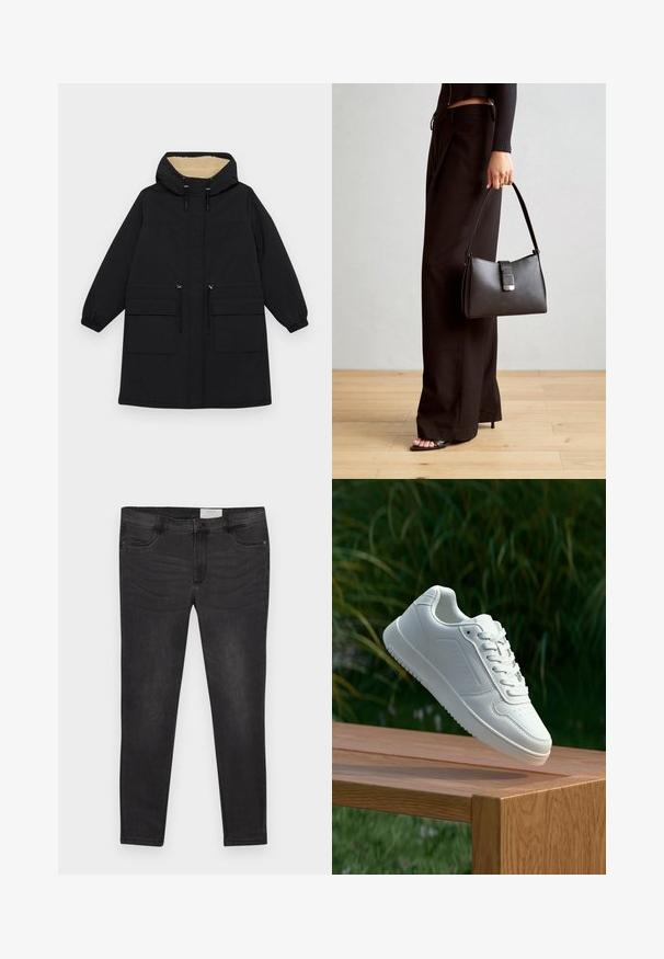 Čierny kapucňový kabát s teplým béžovým podšívaním, obsahuje dve veľké predné vrecká, sťahovaciu pásku v páse a elastické manžety.; Čierny krátky rukáv top vyrobený z hladkého materiálu, so strihom peplum a opaskom v páse so syntetickými guľatými striebornými gombíkmi.; Čierne denimové nohavice so slim fit strihom, s gombíkovým zapínaním, pútkami na opasok a prednými vreckami. Hladká textúra so subtílnym vyblednutím.; Biele tenisky s hladkým syntetickým zvrškom, perforovanou špičkou, plochými šnúrkami a textúrovanou podrážkou, vystavené na drevenej ploche.; Čierna kabelka so štruktúrovaným tvarom, hladkou textúrou a kovovou sponou. V kombinácii so širokými čiernymi nohavicami a sandálmi s otvorenou špičkou na drevenej podlahe.