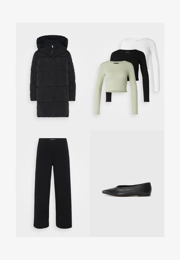 Casaco puffer preto com capuz, apresentando um fecho de correr frontal, design acolchoado e um corte a meio comprimento. Textura suave e material leve.; Even&Odd Petite 3 PACK - Camisola de manga comprida - black/white/light green; Calças largas pretas com uma cintura elástica. Feitas de um material texturizado, apresentam um corte solto e reto desde os quadris até a bainha.; Bailarina de couro preto, bico fino, design minimalista, textura suave, salto baixo, sem hardware ou embelezamentos visíveis.