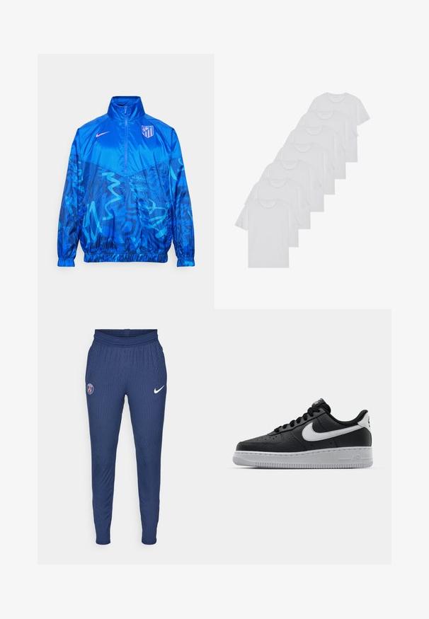 Giacca a vento blu con zip a metà, polsini elasticizzati, motivi astratti blu scuro e un logo sul petto. Realizzata in un tessuto liscio e resistente.; T-shirt bianchi in cotone, maniche corte, design a collo tondo, texture liscia, impilati in fila, con un sottile marchio all'altezza del collo.; Pantaloni sportivi navy realizzati in tessuto testurizzato con logo Parigi sulla coscia sinistra e swoosh Nike bianco sulla destra.; Sneaker in pelle nera con superficie texture, baffo Nike bianco, suola grigia, punta rotonda e design con lacci. Presenta delle perforazioni sulla punta.