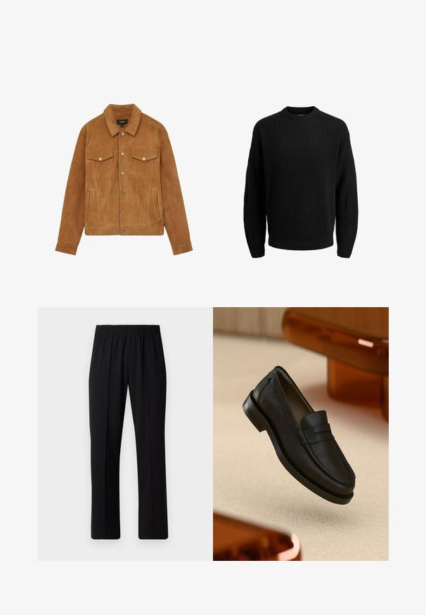 Brūns zamša jaka ar norādītu apkakli, nostiprināšanas pogām, divām krūšu kabatām un sānu kabatām, ar gludu tekstūru un pielāgotu piegriezumu.; Melnā adīta džemperis ar apaļu kakla izgriezumu, garām piedurknēm un ribu detaļām pie piedurknēm un apakšmalas. Izgatavots no bieza dzijām siltumam.; Vienkārša balta īsām piedurknēm brīva T-krekls, izklāts uz gaiši pelēka fona.; Melni elastīgi bikses ar taisnas kājas dizainu, ar gludu tekstūru un bez redzamām zīmēm vai detaļām.; Melns ādas mokasīns ar teksturētu virsmu, ar šuvēm un gumijas zolēm. Novietots uz gaiša fona.