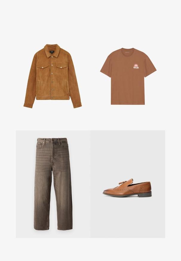 Pruun süsijakk, millel on terav krae, nupud, kaks rinna-taskut ja küljetaskud, sujuva tekstuuri ja kohandatud lõikega.; Pruun lühikeste varrukatega T-särk, mis on valmistatud puuvillast, sisaldab roosa päikese graafikat ja "SOLAR" teksti vasakul rinnal. Ümmarguse kaelusega disain.; Prunad laiad teksapüksid, mis on valmistatud denimist. Omab lukuga kannet, vöölukke ja viit taskut. Kangas näitab tuhmuvat, tekstuurset välimust.; Pruunist nahast king, millel on perforeeritud kaunistused, tekstureeritud küljed, lame tall ning dekoratiivne pael ülaosas. Klassikaline disain sujuva viimistlusega.