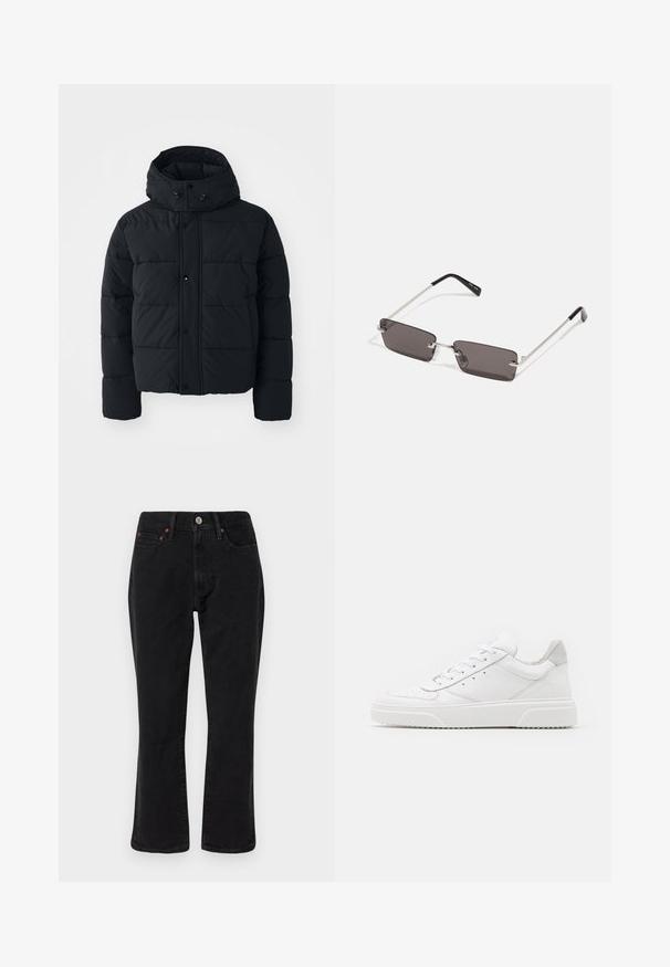 Juodas paminkštintas džemperis turi aukštą apykaklę, spaudinius mygtukus ir siūlės tekstūrą. Jame yra kapišonas, kuris suteikia papildomą šilumą, ir laisvas siluetas.; Balta medvilninė marškinėliai su trumpomis rankovėmis, apvaliu iškirpimu ir raudonu grafiniu tekstu "SKANI PAŽADINTI VAIŠIUS" priekyje.; Juodi džinsai išdenimo, tiesaus kirpimo, su penkiomis kišenėmis ir metalinėmis detalėmis su vario akcentais. Glotni tekstūra ir vidutinė liemens linija.; Balti odiniai sportbačiai su lygiu paviršiumi, apvaliu pirštu, plokščiomis raištelėmis ir struktūrizuota padu. Pilko zimšo akcentas ant kulno.; Akiniai nuo saulės su stačiakampiais, tamsiai pilkais lęšiais, sidabriniais metaliniais rėmeliais ir juodais plastikiniais galiukais. Lengvas dizainas su nosies pagalvėlėmis.