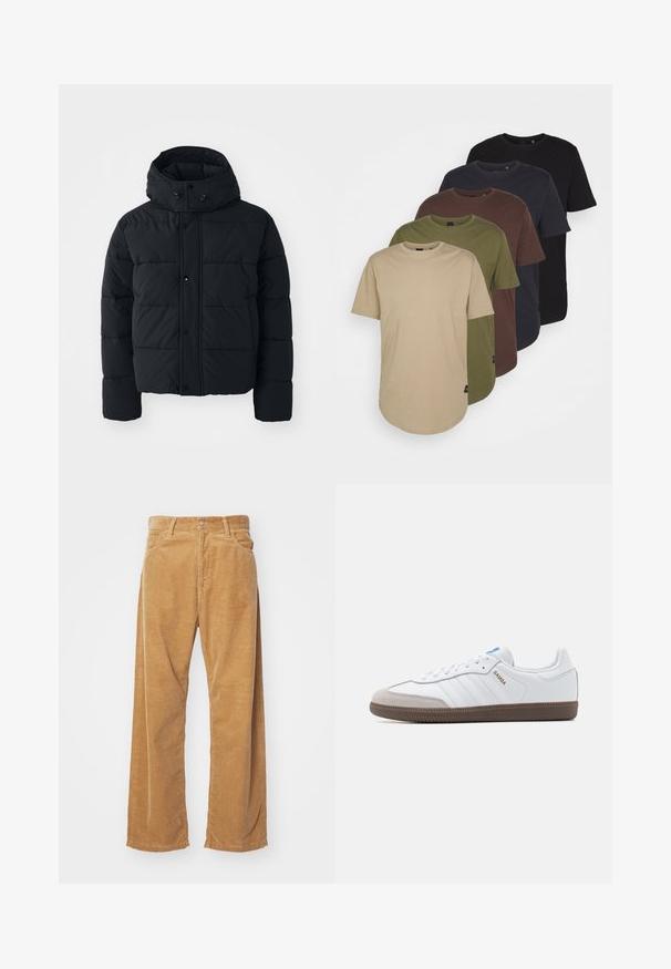 Must must ilus nahkjakke on kõrge kraega, nupuklõpsudega ja tikkimist tekstuuriga. Sel on kapuuts lisasoojustamiseks ja see on laiem.; Viis t-särki, mis on paigutatud gradatsioonivärvides: beež, oliiviroheline, pruun, tume sinine ja must. Valmistatud pehmest puuvillast, lühikeste varrukatega ja ümarate kaelustega.; Karedžvõrkudega laiade jalgade püksid beežikas värvuses. Omab tekstuuriga vertikaalseid triibusid, tavalist vöökohta ja kahte esipoolt taskut.; Valged nahast tossud halli sametist varbaga, kolm horisontaalset valget triipu, sinine aktsent ja pruun kummist välistald. Sooneline detail taldadel.