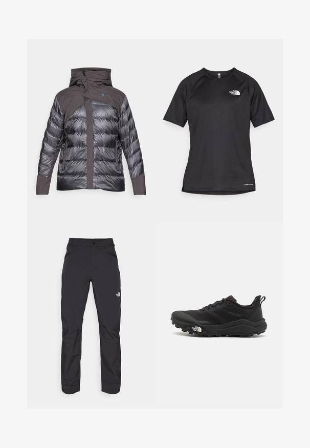 Puffy down jacket in dark gray and black, featuring a hood, zippers, and texture contrast between smooth and quilted areas.; Black short-sleeve athletic shirt with a textured fabric, featuring a white logo on the left chest and a straight hem.; Black outdoor pants with a zippered front pocket, synthetic material, tapered legs, and reinforced knee panels. Features a button closure.; Black trail running shoe with a textured upper, rubber sole, and reinforced toe cap. Features a padded collar and pull tab for easy wear.