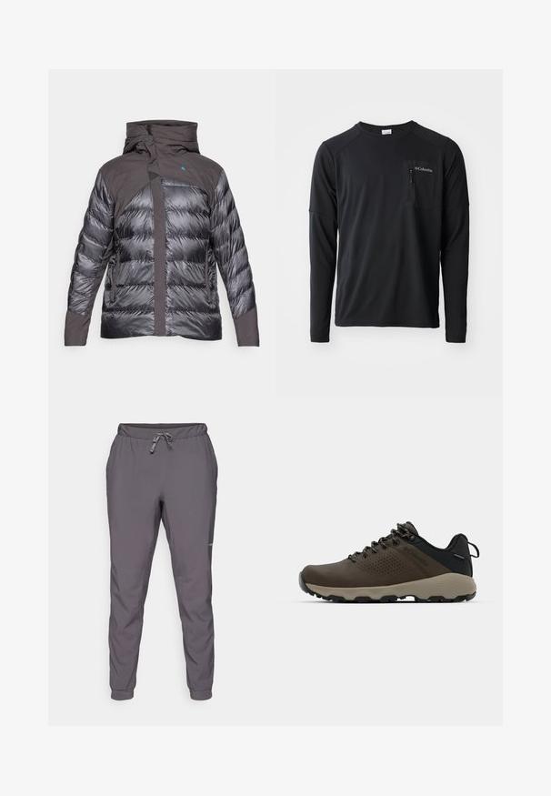 Paksu sulejope tumehallis ja mustas, millel on kapuuts, tõmblukud ja tekstuuride kontrast siledate ja tikitud alade vahel.; Columbia COLUMBIA TECH™ LONG SLEEVE CREW - Pikkade varrukatega topp - black; Hallid hallid, kergekaalulised, elastse vöökohtadega püksid, mis on varustatud reguleeritava nööriga; kitsenevad jalad; sile tekstuur; sisaldab logo detaili küljel.; Kohandatud veekindlad pruunid spordijalatsid tekstuuriga pealisega, perforatsioonidega detailid, must kandetoetav osa ja hall kummine sisetald. Paelad on metallist otstega.