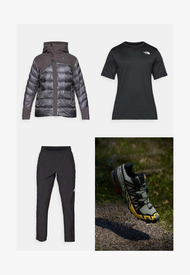 Chaqueta de plumas hinchada en gris oscuro y negro, que cuenta con capucha, cremalleras y un contraste de texturas entre áreas lisas y acolchadas.; Camiseta negra de manga corta, fabricada con un tejido ligero que absorbe la humedad. Cuenta con un logo blanco en el lado izquierdo del pecho y un cuello redondo.; Pantalones deportivos negros con cintura elástica, hechos de tela ligera, con un pequeño logo en la parte inferior de la pierna y un diseño de pierna recta.; Zapatilla de trail running de Salomon en gris apagado con acentos en amarillo brillante. Cuenta con una suela texturizada, un sistema de lazada seguro y un collar acolchado.
