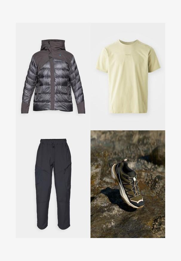 Nafukovacia bunda v tmavo sivej a čiernej farbe, s kapucňou, zipsami a textúrou s kontrastom medzi hladkými a prešívanými časťami.; Salomon TRACKLINE TEE - Športové tričko - gray green; Čierne cargo nohavice vyrobené z ľahkého, vodeodolného materiálu; obsahujú elastický pás, viaceré vrecká na zips a zúžené nohavice.; Turistická obuv v olivovo zelenej a čiernej farbe s ružovými akcentmi. Má textúrovaný zvršok, flexibilnú podrážku, vystuženú špičku a farebný systém šnurovania.
