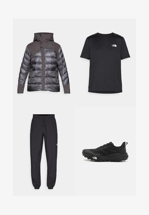 Puffy down jacket in dark gray and black, featuring a hood, zippers, and texture contrast between smooth and quilted areas.; Black short-sleeve T-shirt made from lightweight fabric. Features a small white logo on the left chest and subtle shoulder accents.; Black athletic pants made from lightweight fabric, featuring a drawstring waistband, side pockets, and tapered cuffs at the ankles.; Black trail running shoe with a textured upper, rubber sole, and reinforced toe cap. Features a padded collar and pull tab for easy wear.