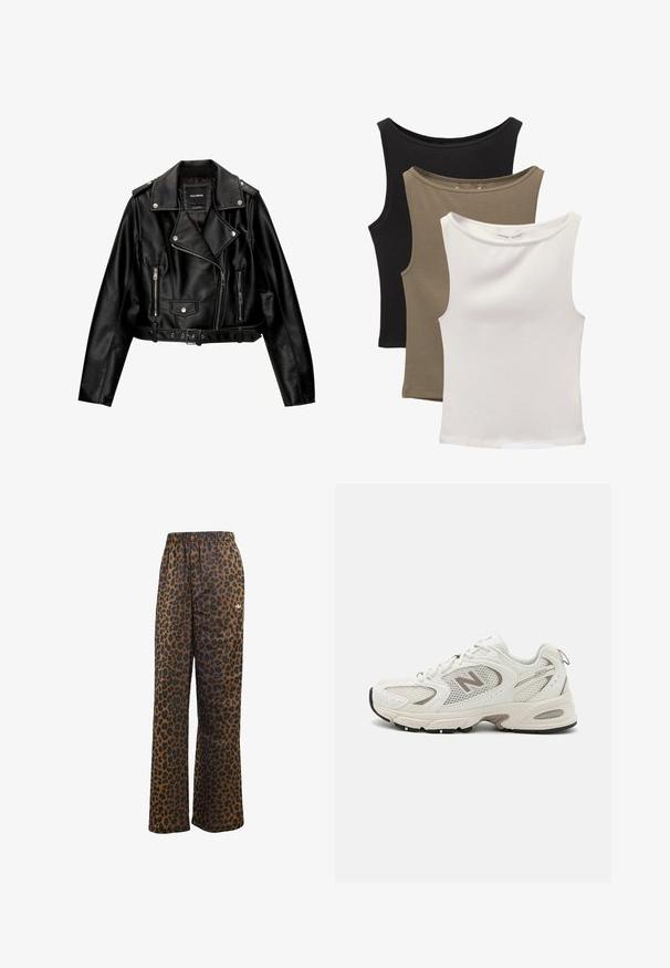 Schwarze Leder-Cropped-Bikerjacke mit Reverskragen, silberner Hardware, Reißverschlusstaschen und tailliertem Gürtel.; Drei ärmellose Tops gestapelt: schwarz, olivgrün und weiß. Der Stoff ist ein glattes, dehnbares Material mit abgerundeten Ausschnitten und ohne Muster.; adidas Originals WIDE LEG LEO PRINT SATIN PANTS - Jogginghose - multicolor bronze strata; Weißes Mesh-Laufschuh mit grauen Akzenten, runder Spitze, Schnürdesign, gepolsteter Sohle und einem auffälligen "N"-Logo an der Seite.