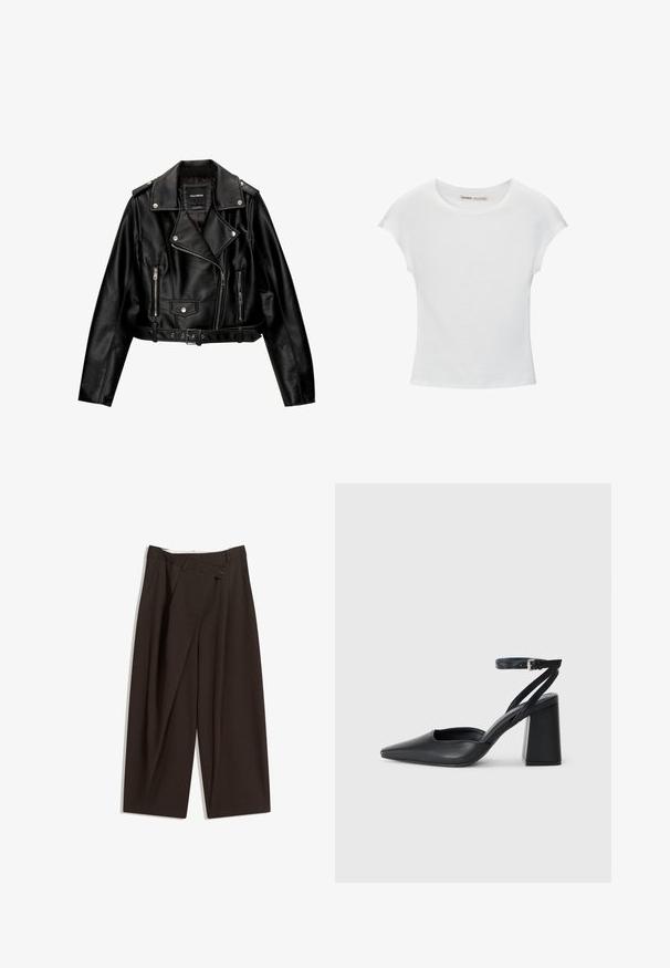 Jachetă de motociclist scurtă din piele neagră, cu guler cu revere, accesorii din metal argintiu, buzunare cu fermoar și talie cu curea.; Tricou alb din bumbac cu guler rotund, mâneci scurte și un design ajustat. Textură netedă, fără modele sau embellismente.; Pantaloni largi de culoare maron închis, cu talie înaltă, având închiere cu un singur nasture și un față pliată. Confectionați dintr-un material ușor.; Pantofii cu toc ascuțit din piele neagră, cu breteaua pentru glezne și toc gros. Textură netedă, design elegant și estetică minimală.