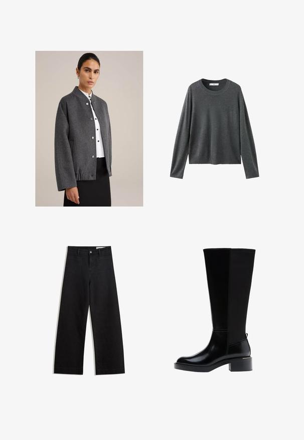 Grå ulljacka med rund krage, tryckknappar, sänkt axel och sidofickor. Bärs över en vit blus och svart kjol.; Grå stickad tröja med långa ärmar, rund halsringning och avslappnad passform. Tillverkad av mjukt tyg med en slät textur och utan synliga mönster.; Svarta vida denimbyxor med hög midja, med fram- och bakfickor, sydda sömmar och knappstängning. Slät textur.; Svart knähög stövel med slät läderfinish, framträdande sömmar, klumpig klack och en texturerad bakpanel för extra detalj.